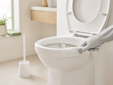 Důkladné čištění toalety pod okrajem, kolem prkénka a WC kartáče