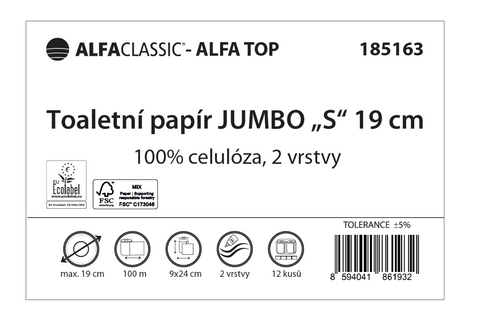 Toaletní papír JUMBO, pr. 190, 2 vrstvy, celuóza, bílý ECOLABEL