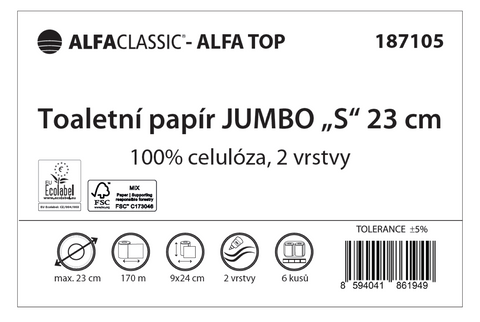 Toaletní papír JUMBO S, celuoza, pr. 230, 2 vrstvy, ECOLABEL