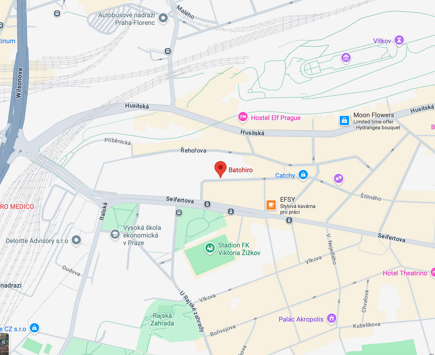 Mapa — výdejna Husinecká 17, Praha 3