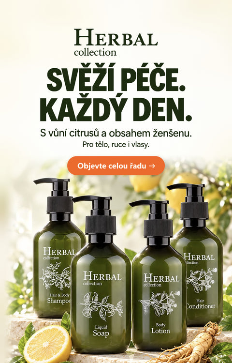 HERBAL collection – Svěží péče. Každý den. Šampon, tekuté mýdlo, tělové mléko a kondicionér s vůní citrusů a obsahem ženšenu.