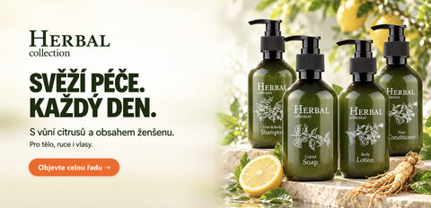 HERBAL collection – Svěží péče. Každý den. Šampon, tekuté mýdlo, tělové mléko a kondicionér s vůní citrusů a obsahem ženšenu.